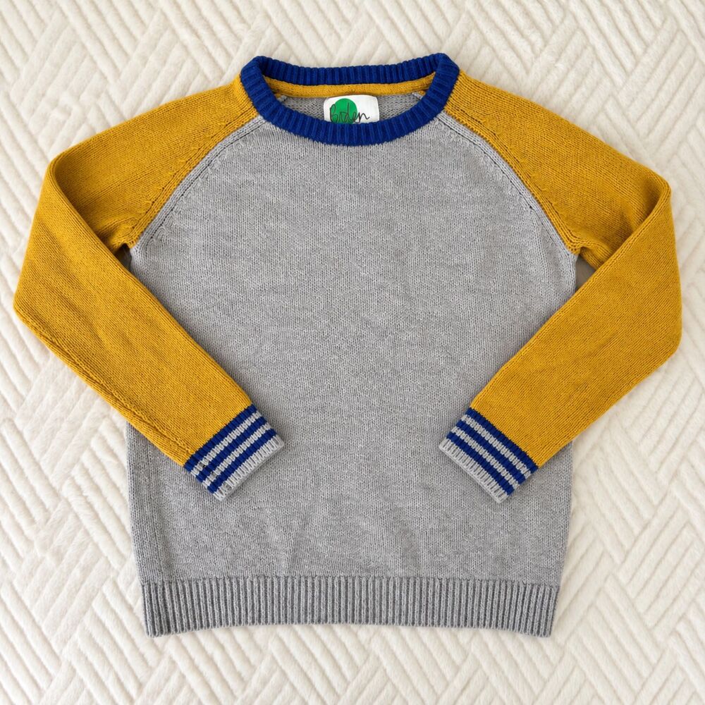 Boden Boys 8-9Y Gray Mustard Wool Cotton Raglan Knit Crewneck Sweater Pullover